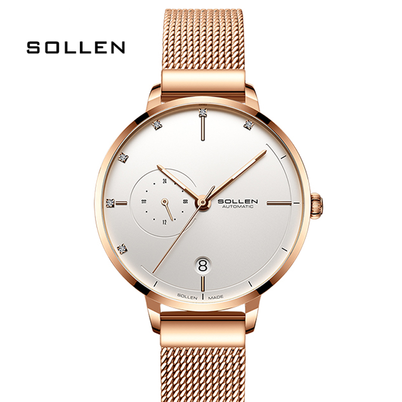 Stainless Mesh Band - SOLLEN-자동 기계식 시계 여성 방수 라인스톤