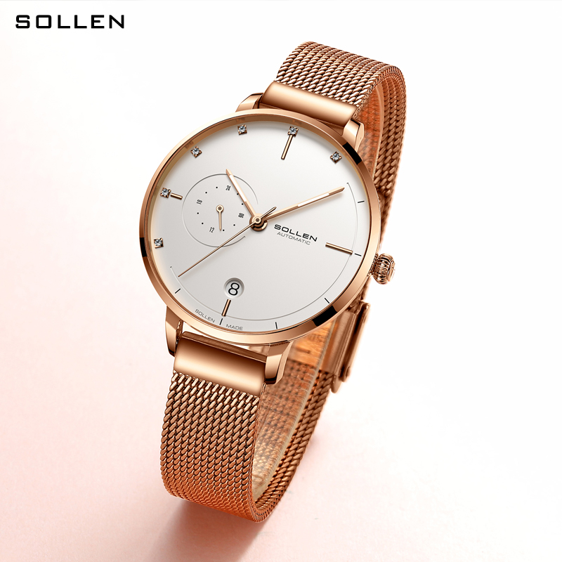 SOLLEN-자동 기계식 시계 여성 방수 라인스톤 사파 - Stainless Mesh Band 리뷰 및 가격